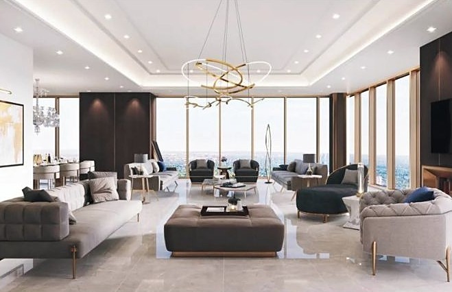 Rendering of the full-floor penthouse living room at The One, 1 Bloor Street West